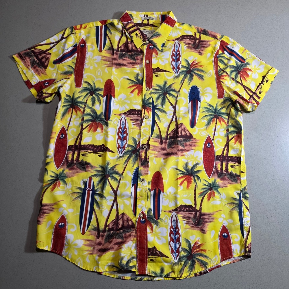 Alex Vando Mens Large Yellow Surfboard Palm Tree Aloha Shirt Short Sleeve